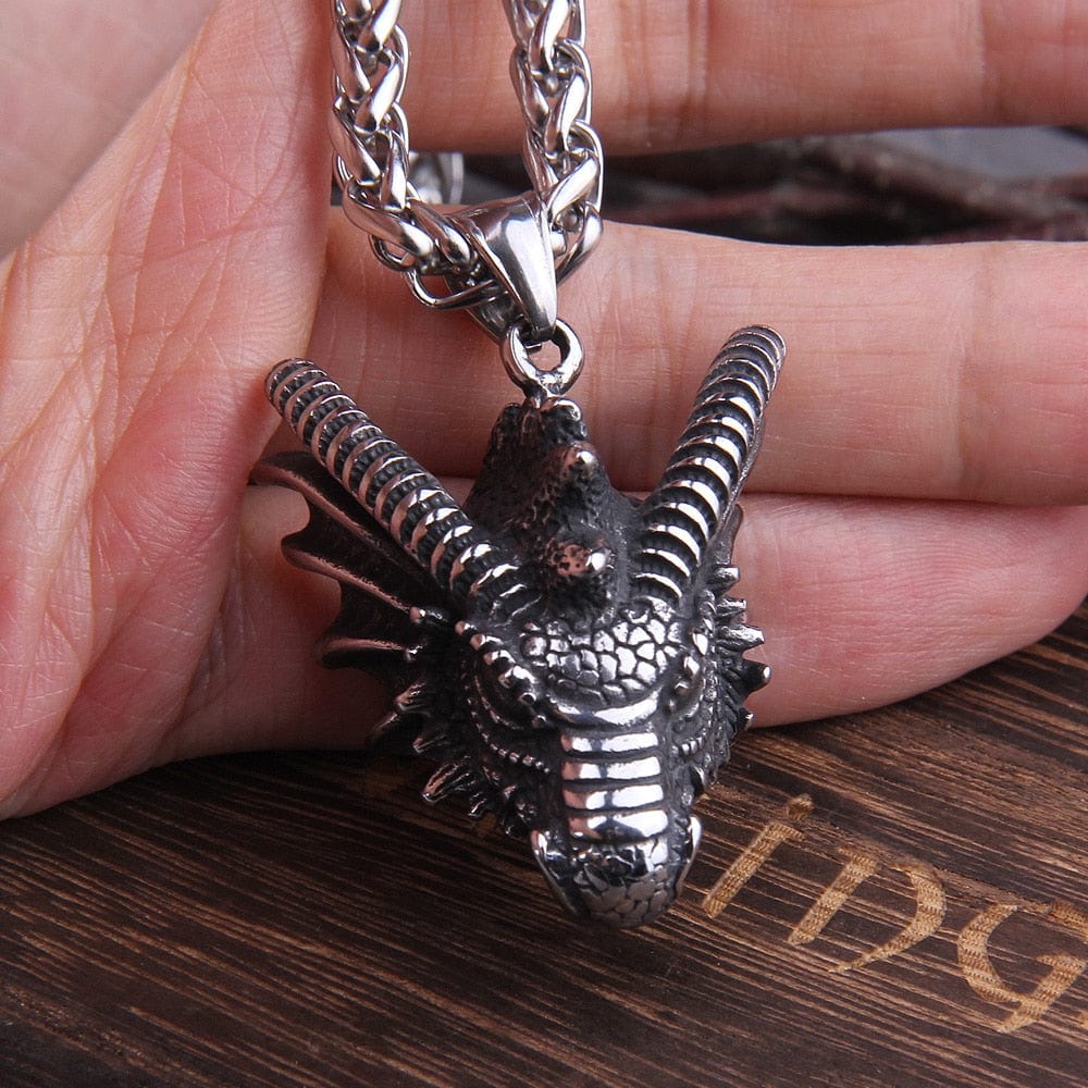 Heavy Steel Viking Dragon Bust Pendant Necklace - Image 3