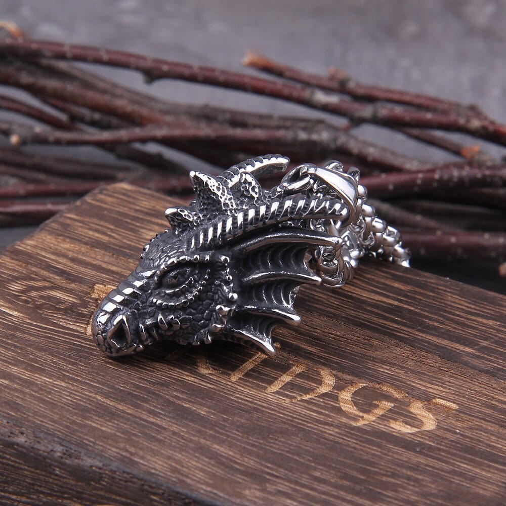 Heavy Steel Viking Dragon Bust Pendant Necklace - Image 4