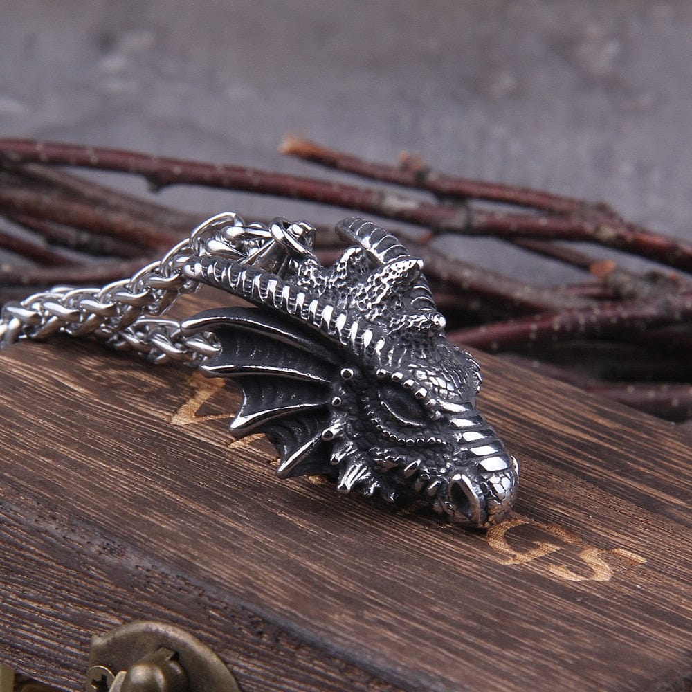 Heavy Steel Viking Dragon Bust Pendant Necklace - Image 5