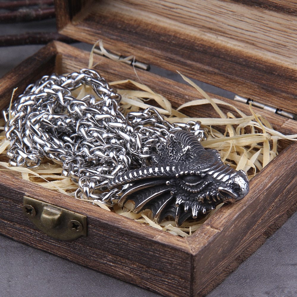 Heavy Steel Viking Dragon Bust Pendant Necklace - Image 6