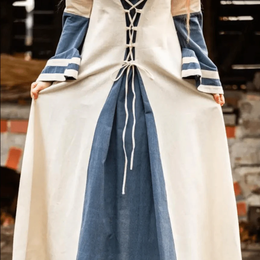 Viking Dress - Long Sleeves in Natural and Blue with Lacing - Image 10