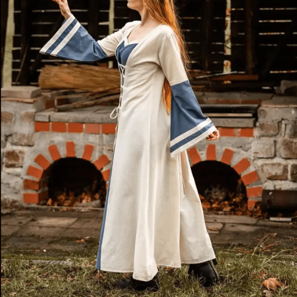 Viking Dress - Long Sleeves in Natural and Blue with Lacing - Image 3