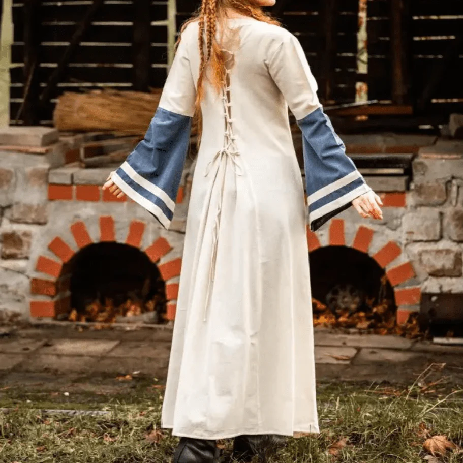 Viking Dress - Long Sleeves in Natural and Blue with Lacing - Image 4