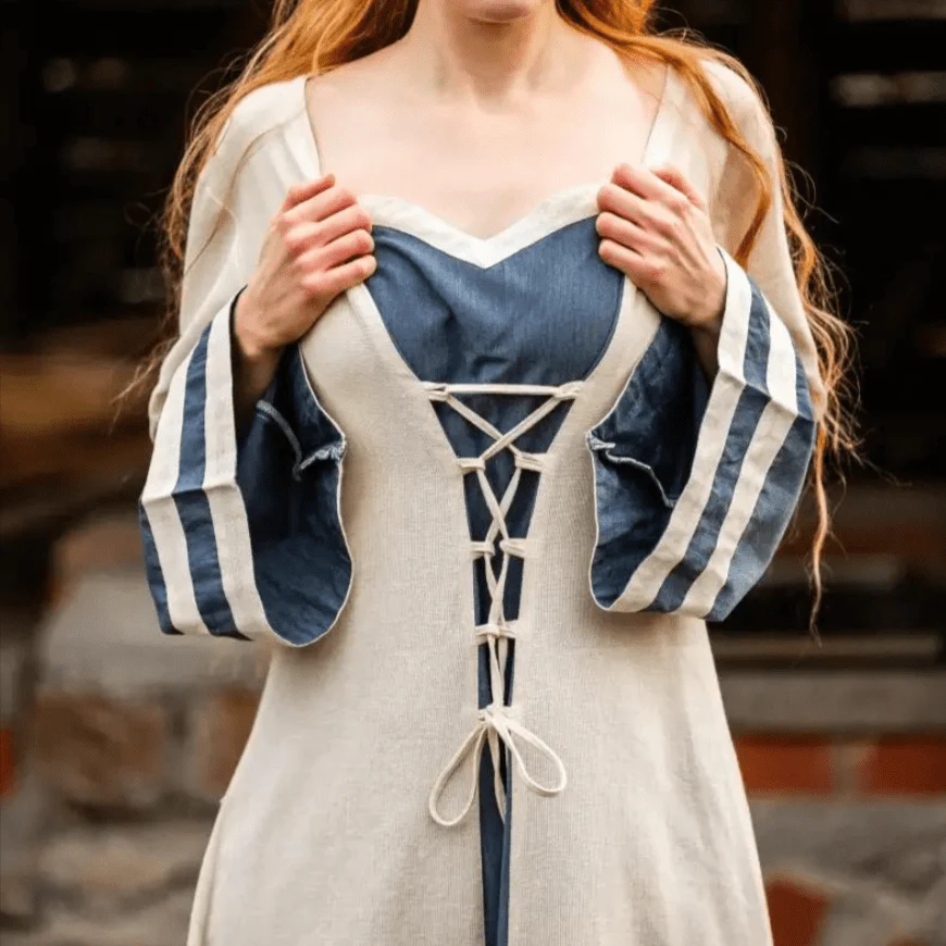 Viking Dress - Long Sleeves in Natural and Blue with Lacing - Image 5