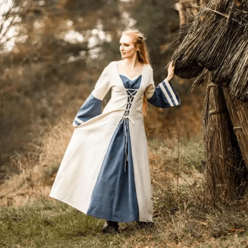 Viking Dress - Long Sleeves in Natural and Blue with Lacing - Image 6