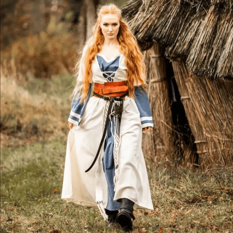 Viking Dress - Long Sleeves in Natural and Blue with Lacing - Image 7
