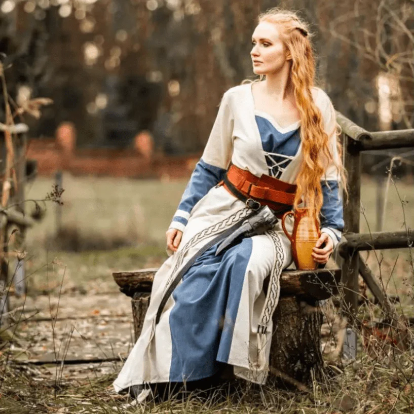 Viking Dress - Long Sleeves in Natural and Blue with Lacing - Image 8