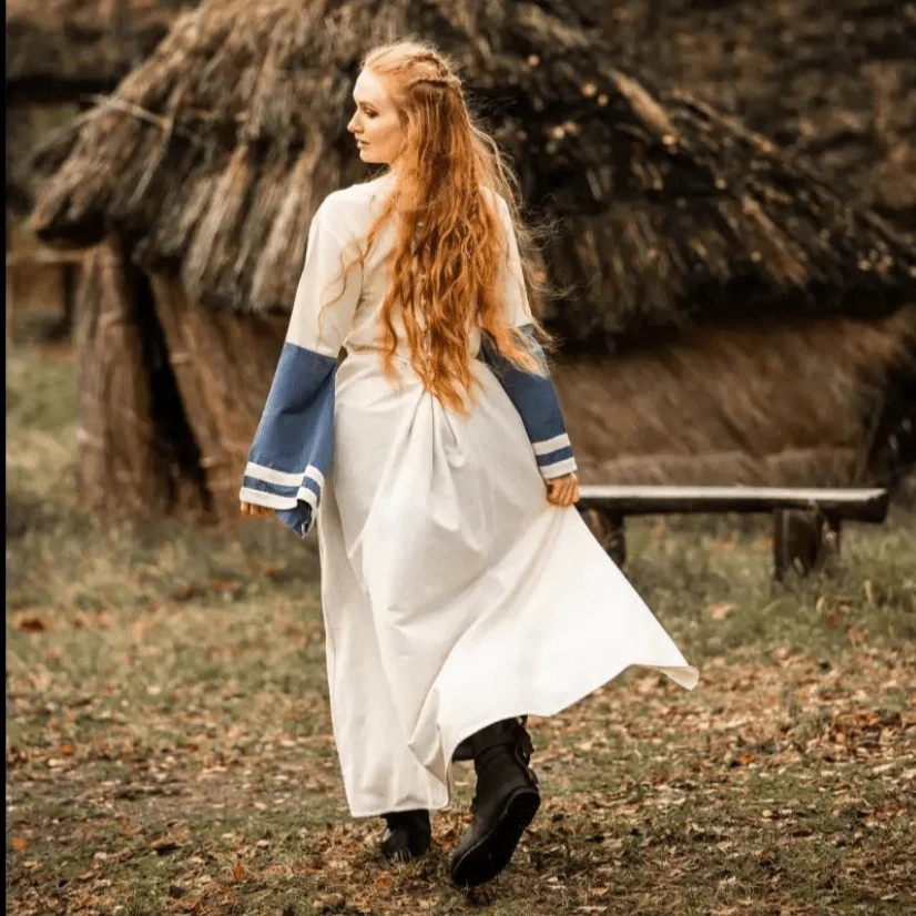 Viking Dress - Long Sleeves in Natural and Blue with Lacing - Image 9