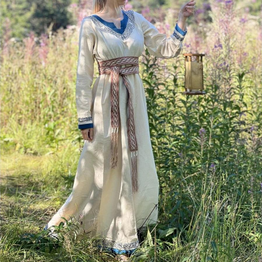 Viking Dress in Natural Cotton with Blue Trim - Elegance Meets Warrior Spirit - Image 3