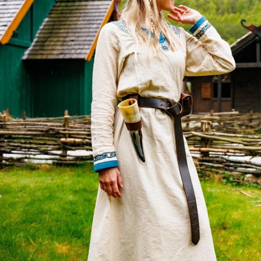 Viking Dress in Natural Cotton with Blue Trim - Elegance Meets Warrior Spirit - Image 4