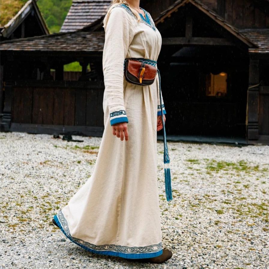 Viking Dress in Natural Cotton with Blue Trim - Elegance Meets Warrior Spirit - Image 5