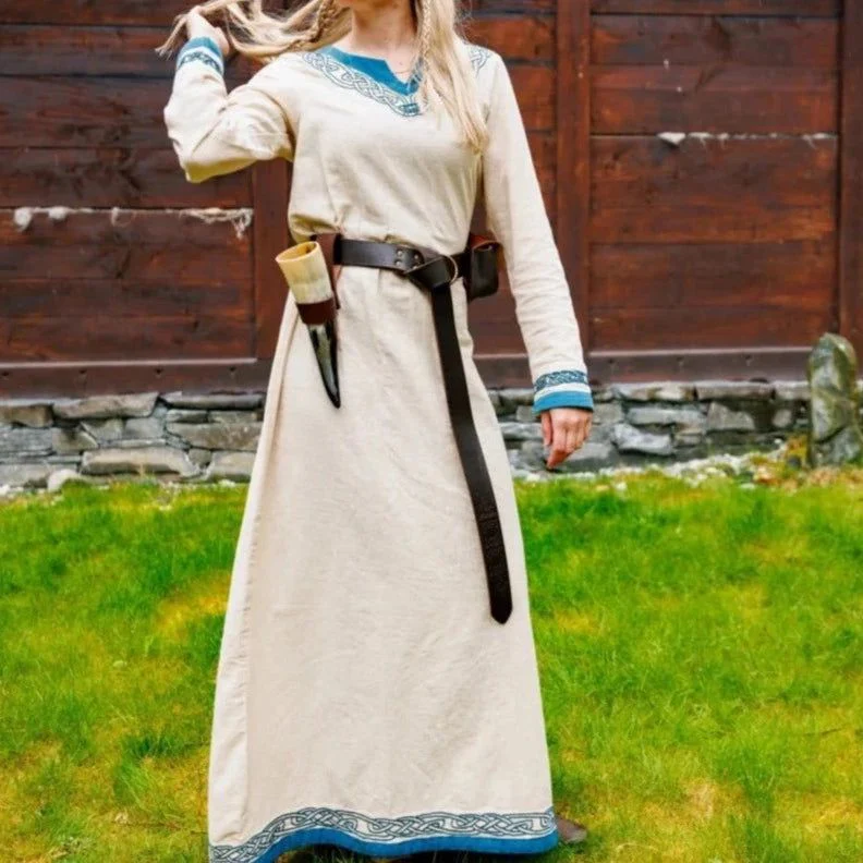 Viking Dress in Natural Cotton with Blue Trim - Elegance Meets Warrior Spirit - Image 6