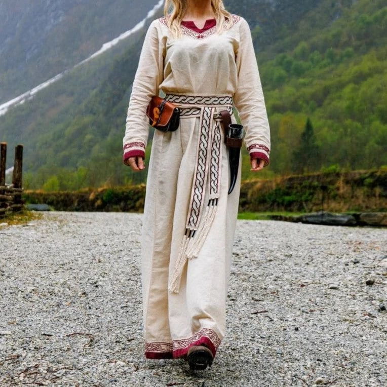 Viking Dress in Natural with Red Trim - Embody the Spirit of the Vikings - Image 3