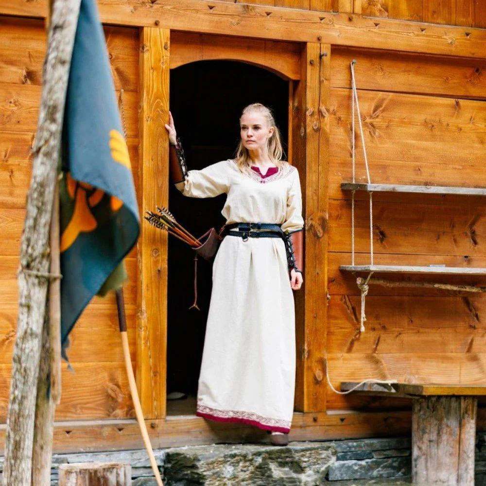Viking Dress in Natural with Red Trim - Embody the Spirit of the Vikings - Image 4