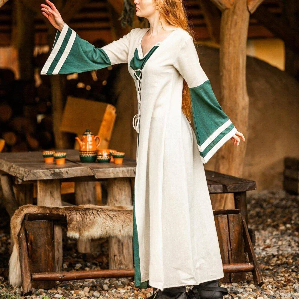 Viking Dress - Long Sleeves in Natural and Green with Lacing - Image 2
