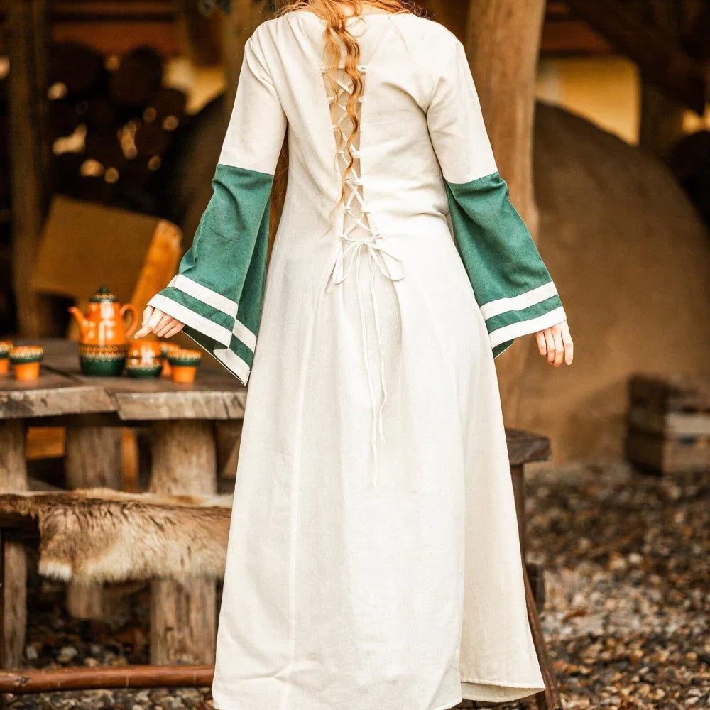 Viking Dress - Long Sleeves in Natural and Green with Lacing - Image 3