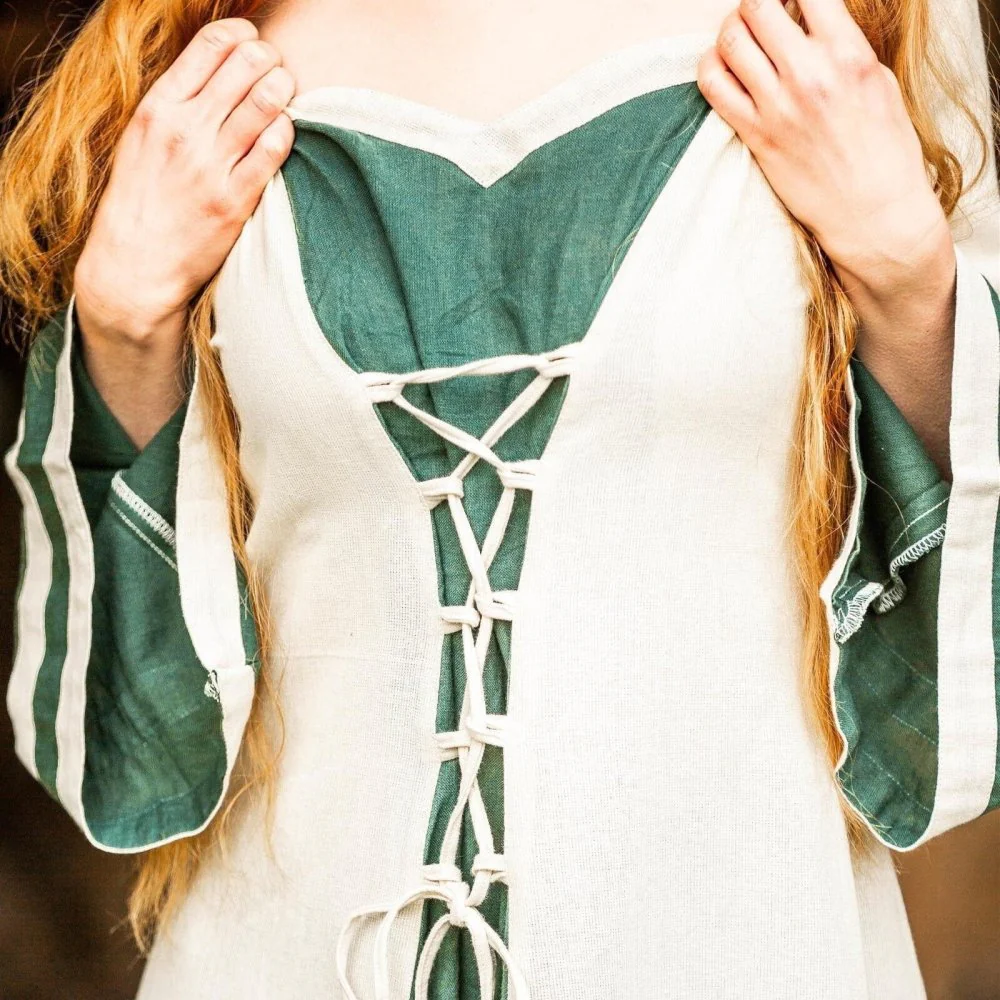 Viking Dress - Long Sleeves in Natural and Green with Lacing - Image 4