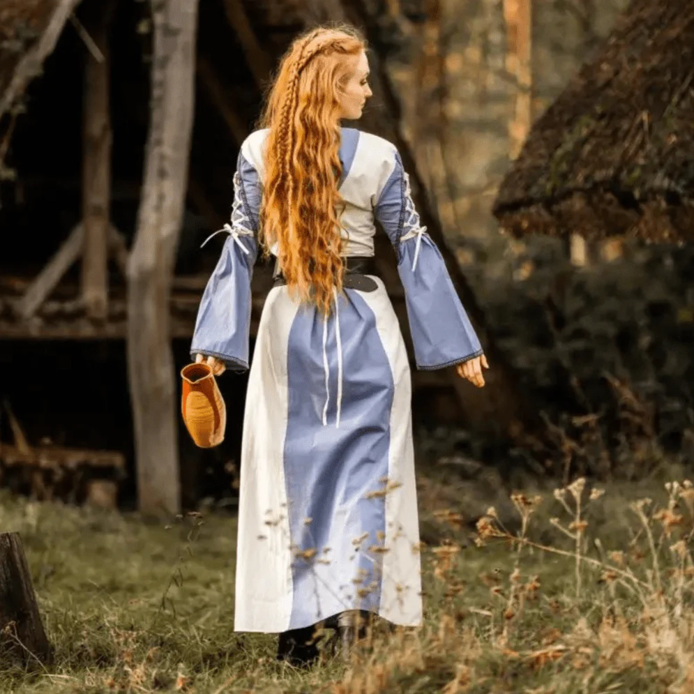 Viking Dress with Borders and Laces - Natural and Blue - Image 3