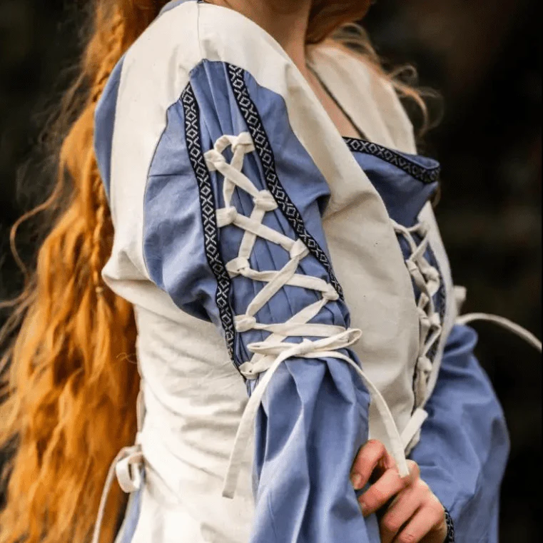 Viking Dress with Borders and Laces - Natural and Blue - Image 5