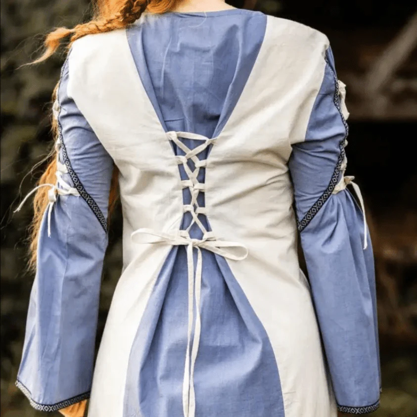 Viking Dress with Borders and Laces - Natural and Blue - Image 6