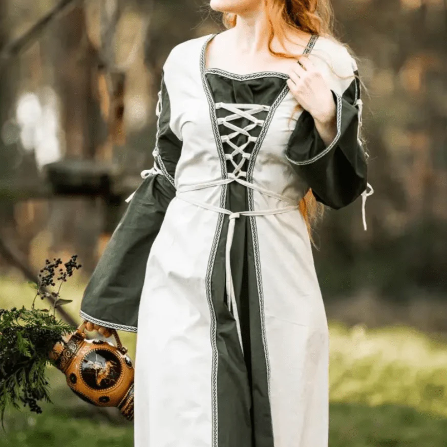 Viking Dress With Laces - Natural and Green Dress with Border - Image 2