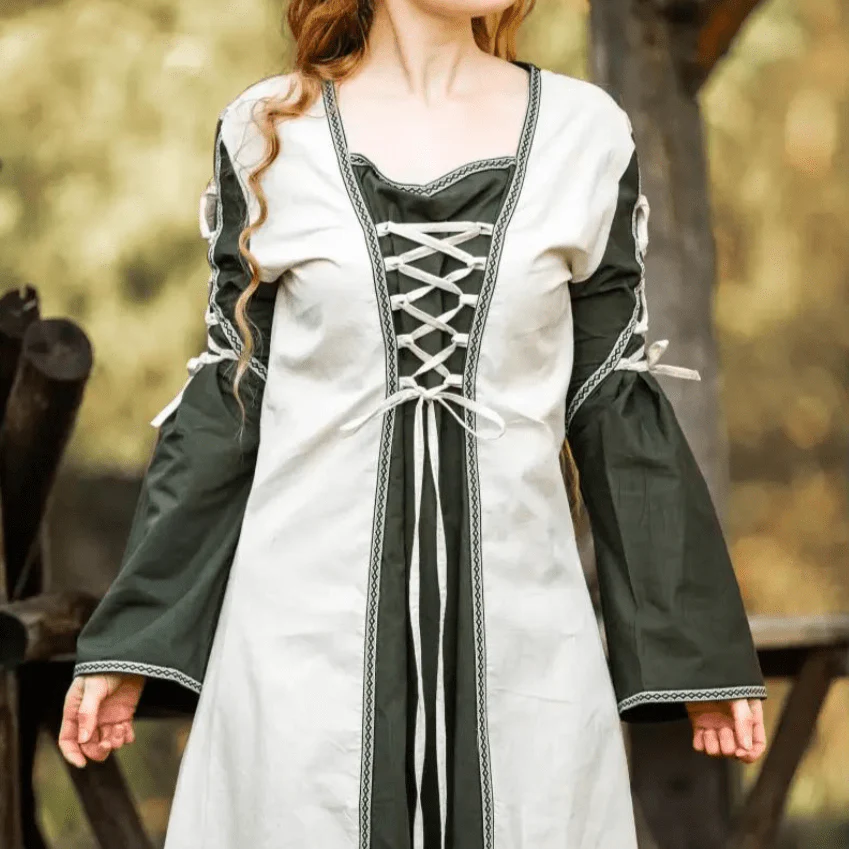 Viking Dress With Laces - Natural and Green Dress with Border - Image 3