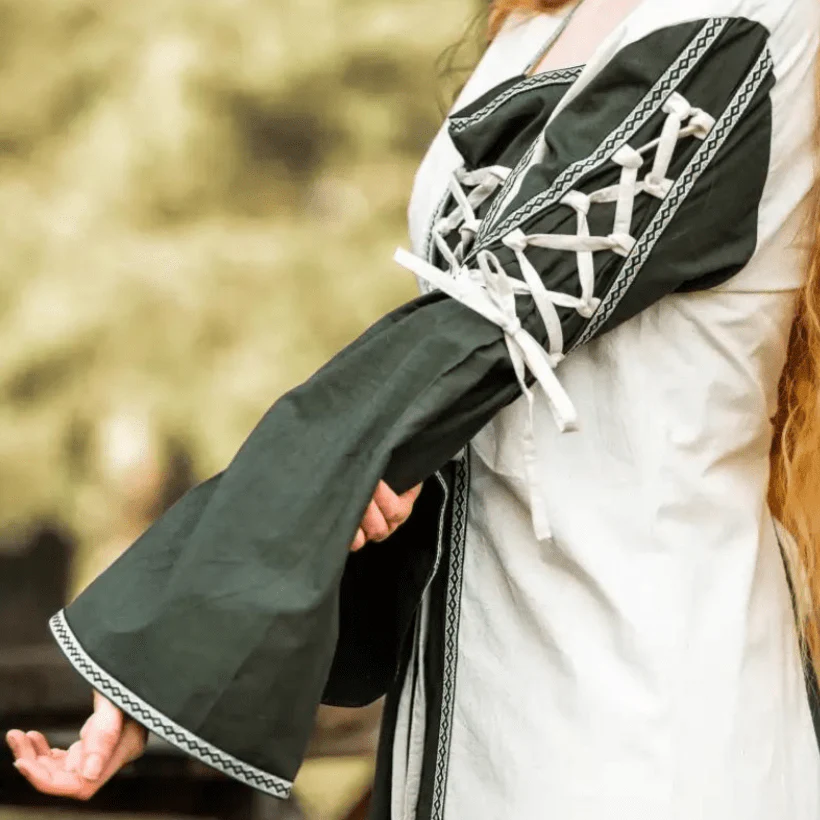 Viking Dress With Laces - Natural and Green Dress with Border - Image 4