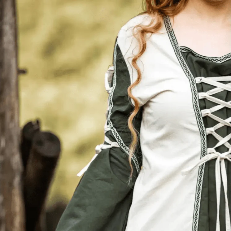 Viking Dress With Laces - Natural and Green Dress with Border - Image 5