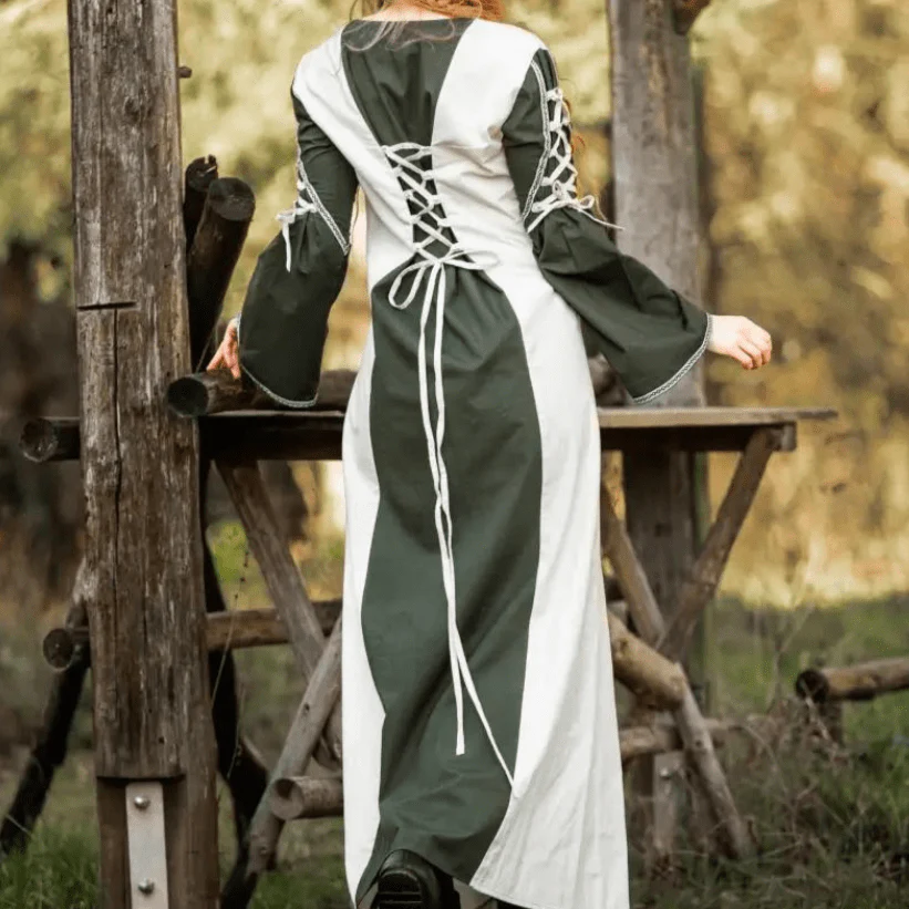 Viking Dress With Laces - Natural and Green Dress with Border - Image 7