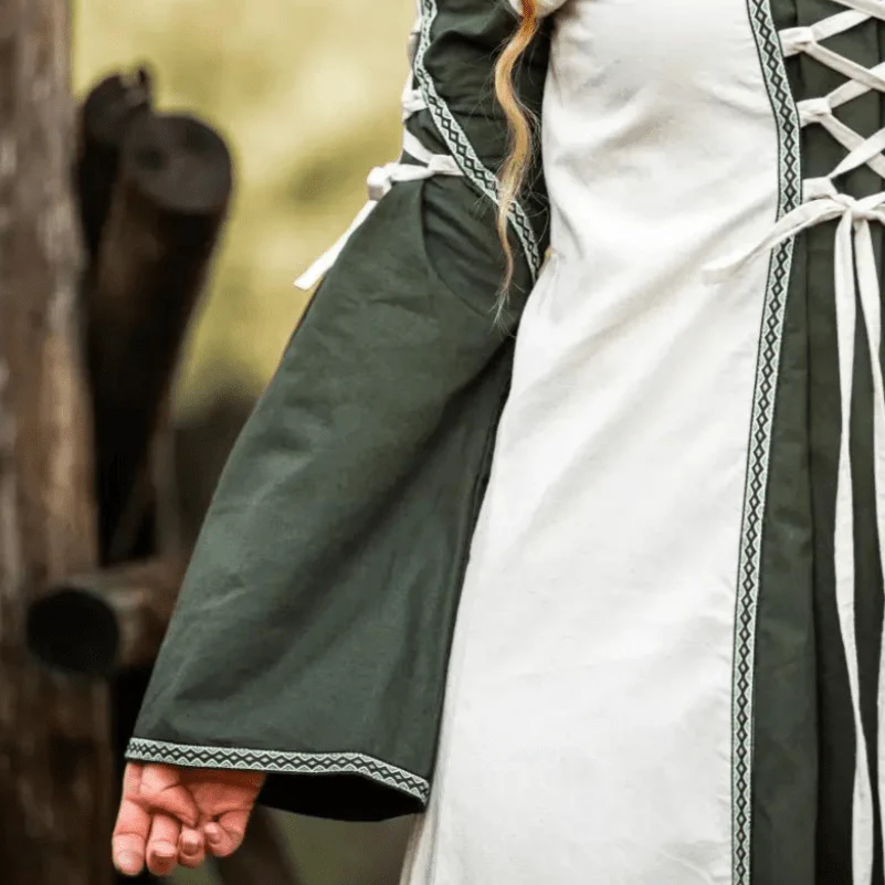 Viking Dress With Laces - Natural and Green Dress with Border - Image 8