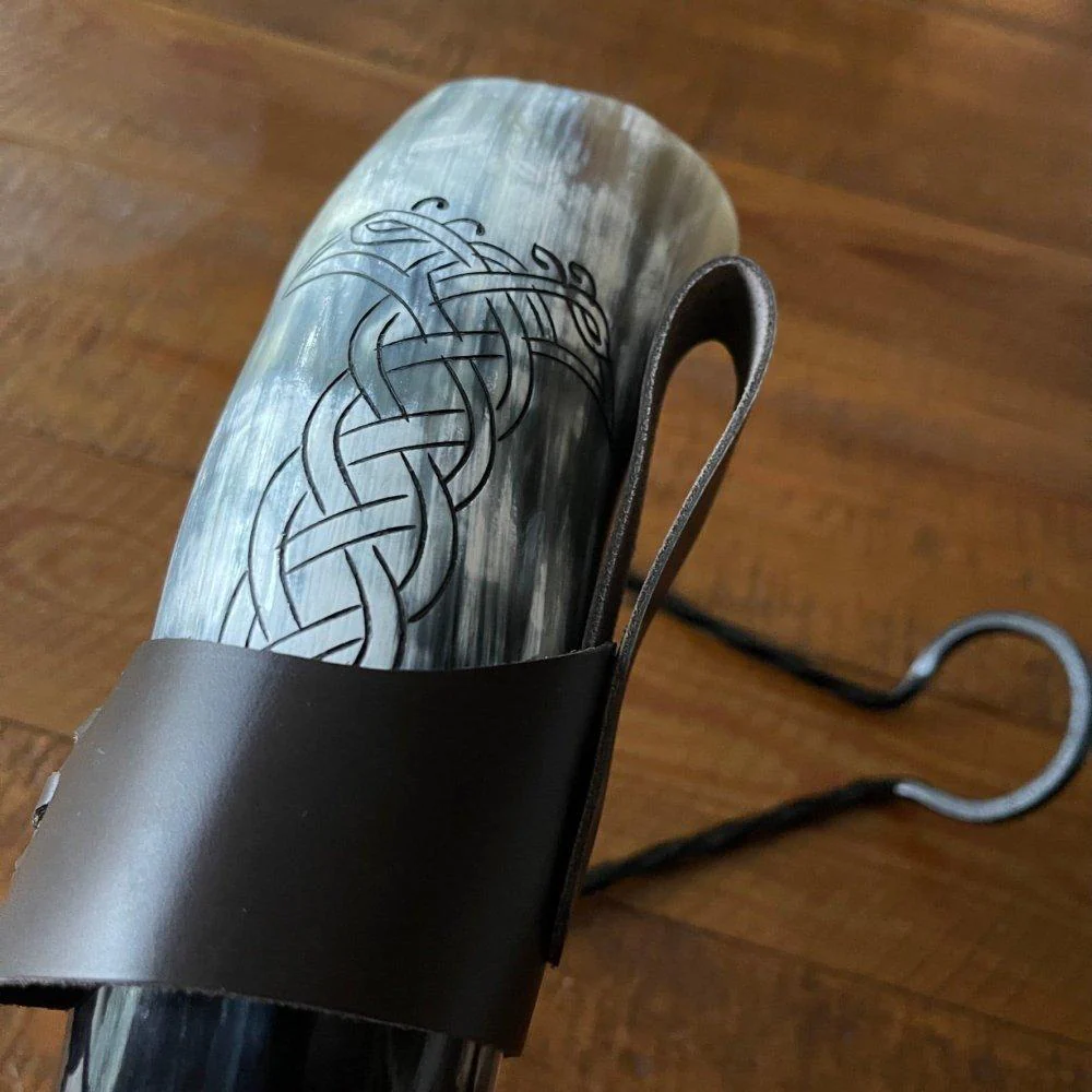 Viking Drinking Horn with Belt Loop and Iron Stand - Odin's Ravens Design - Image 10