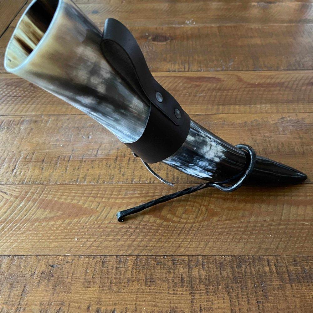 Viking Drinking Horn with Belt Loop and Iron Stand - Odin's Ravens Design - Image 3