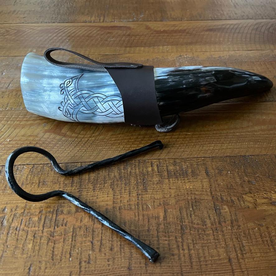 Viking Drinking Horn with Belt Loop and Iron Stand - Odin's Ravens Design - Image 4