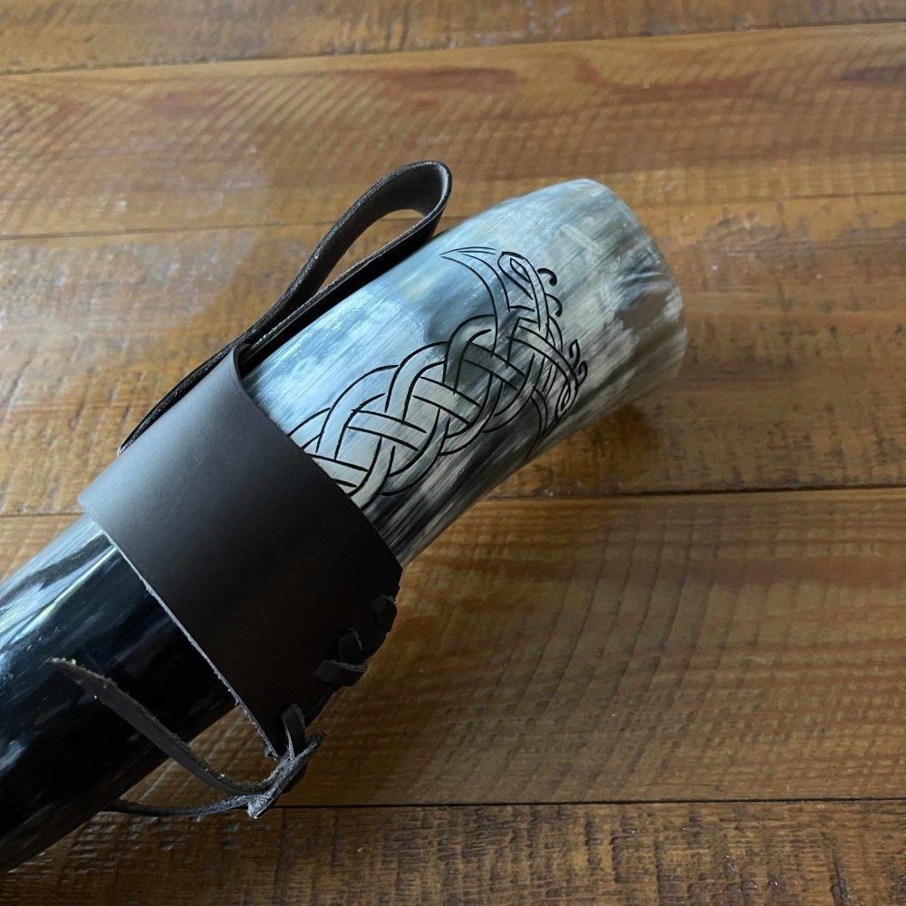 Viking Drinking Horn with Belt Loop and Iron Stand - Odin's Ravens Design - Image 5