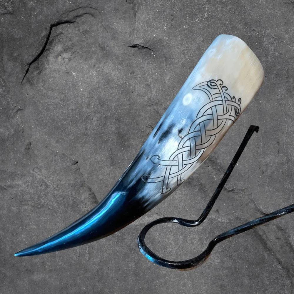 Viking Drinking Horn with Belt Loop and Iron Stand - Odin's Ravens Design - Image 7