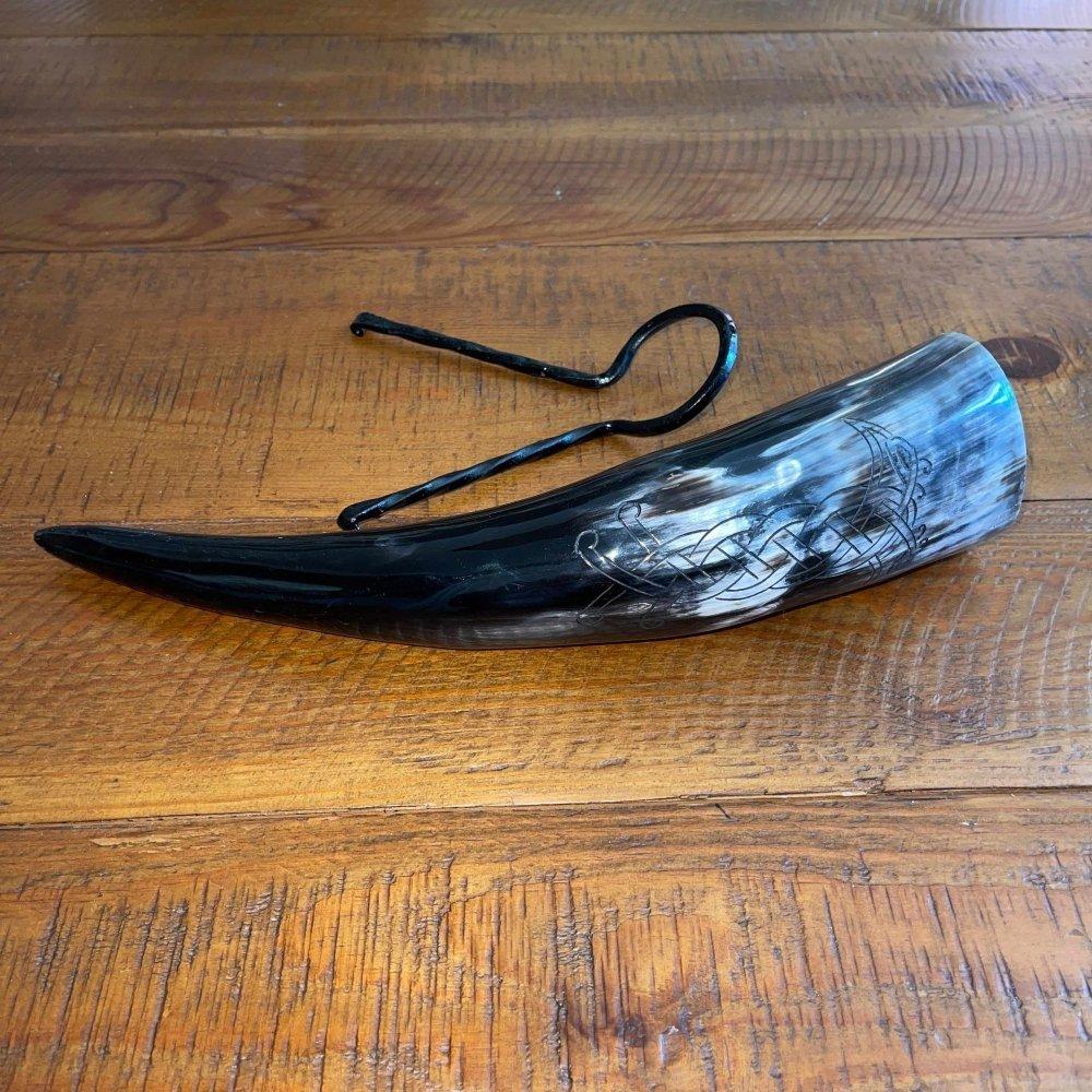 Viking Drinking Horn with Belt Loop and Iron Stand - Odin's Ravens Design - Image 8