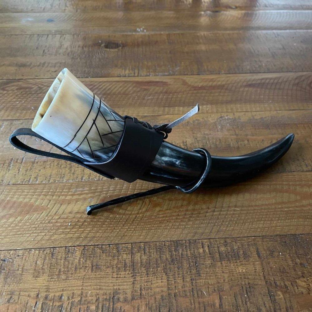 Viking Drinking Horn with Belt Loop and Iron Stand - Scale Pattern - Image 3