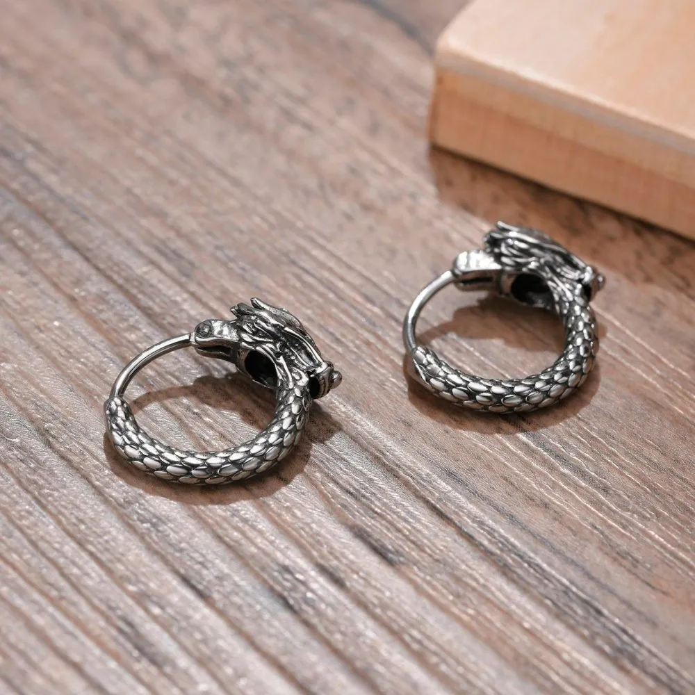 Viking Earrings for Men - Dragon Jewelry Hoops - Image 3