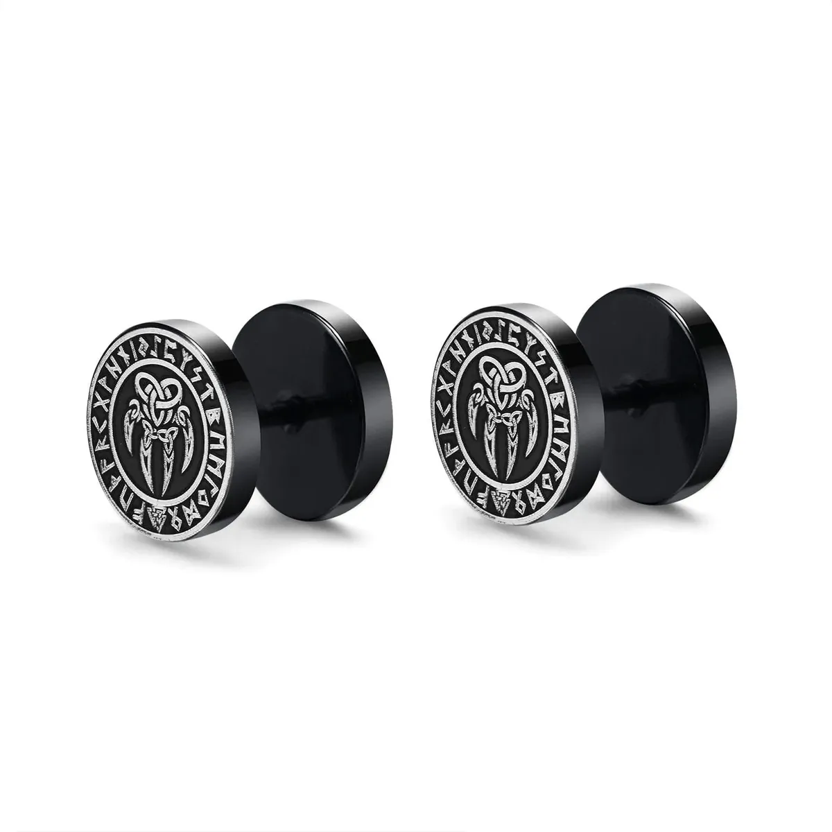 Viking Earrings with Norse Bear Claw Symbol - Black Studs - Image 2