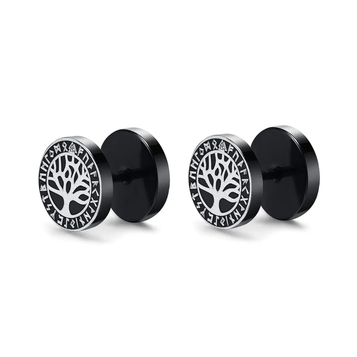 Viking Earrings with Norse Tree of Life Symbol - Black Studs - Image 2
