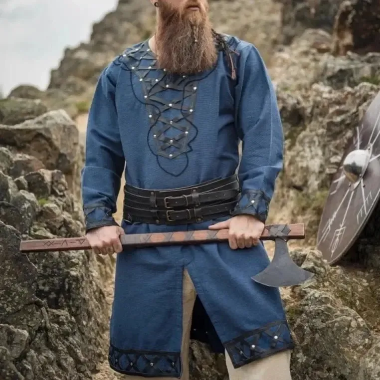 LIMITED EDITION Viking Tunic - Blue with Leather Trim & Rivets - Image 5