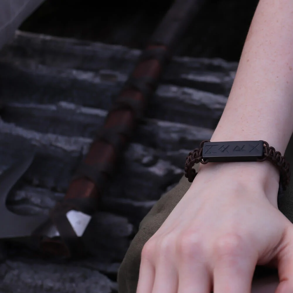 Viking Rune Cord Bracelet with Black Buffalo Horn - Image 3