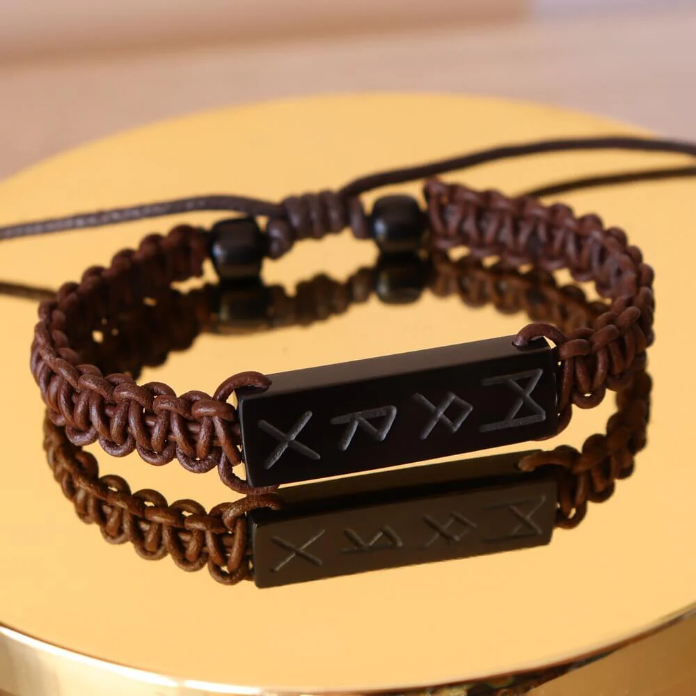 Viking Rune Cord Bracelet with Black Buffalo Horn - Image 4