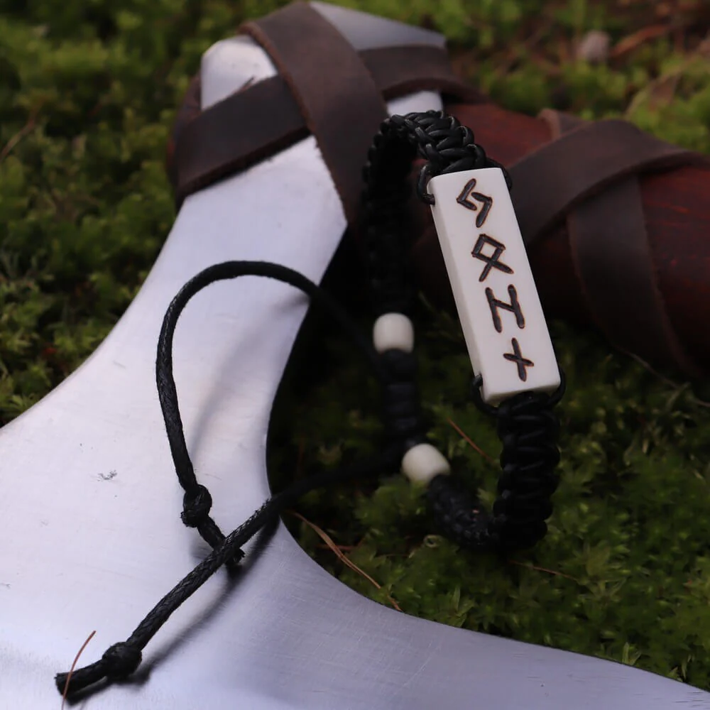 Viking Rune Cord Bracelet with White Deer Bone