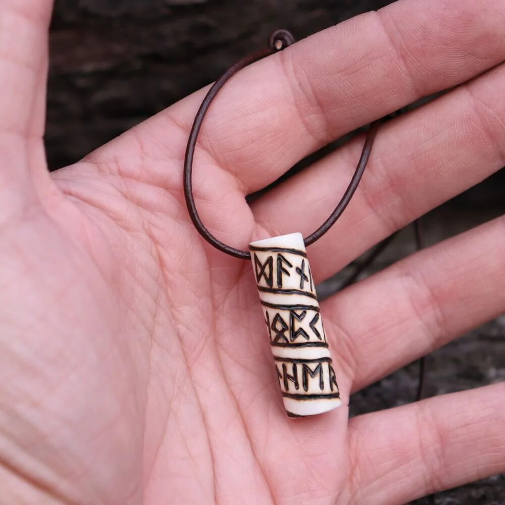 Viking Runic Bone Roller Pendant Necklace on Leather Cord - Image 3
