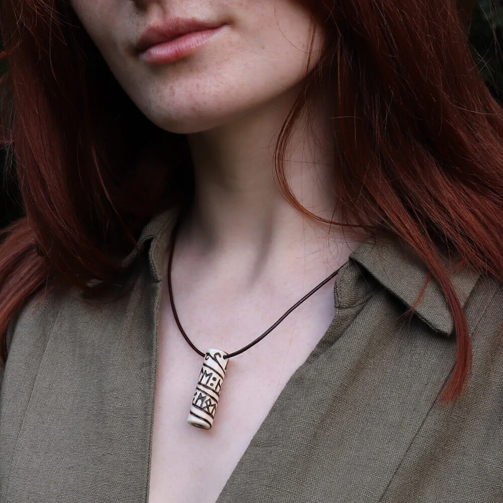 Viking Runic Bone Roller Pendant Necklace on Leather Cord - Image 4