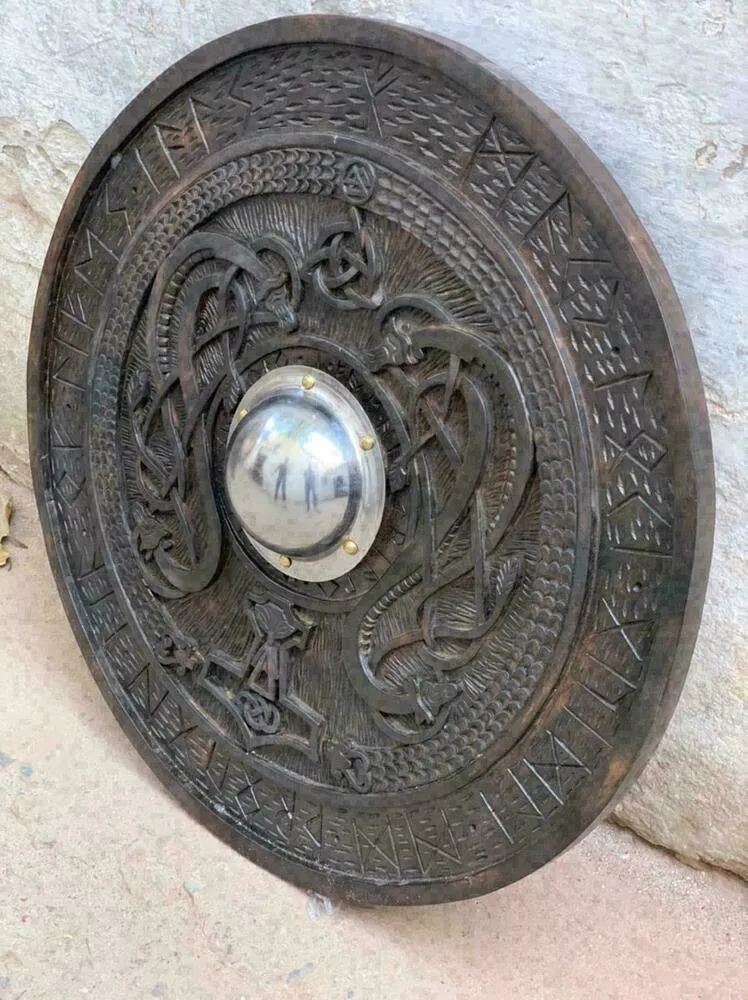 Viking Shield With Carved Norse Runic Ornaments - Image 3