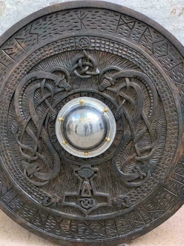 Viking Shield With Carved Norse Runic Ornaments - Image 4