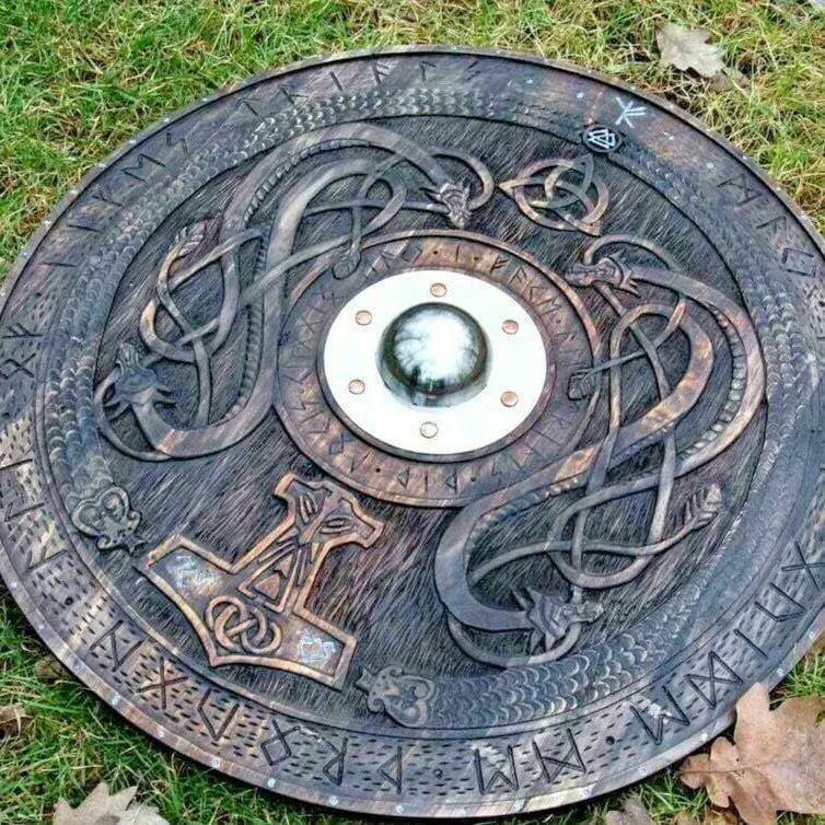 Viking Shield With Carved Norse Runic Ornaments - Image 5