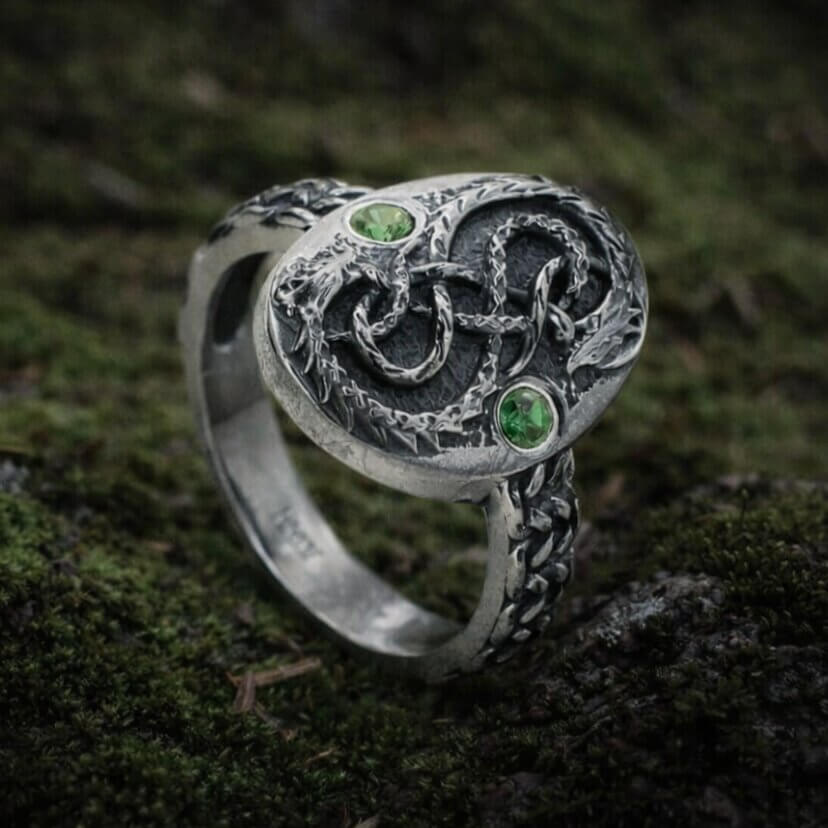 Viking Silver Serpent Ring with Green Stones